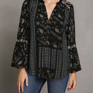 Lucky Brand Boho Tunic Long Flared Sleeve V Neck Embroidered
